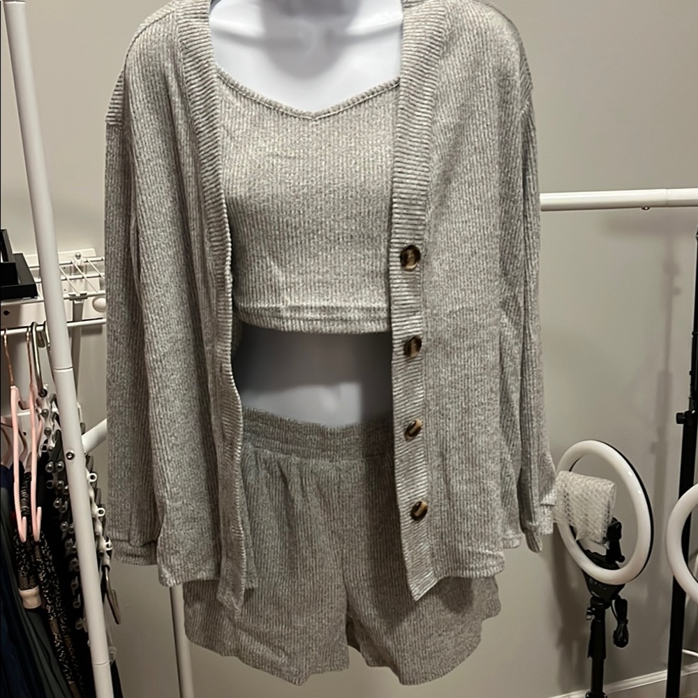 Gray Ribbed Knit Cardigan and Shorts Set